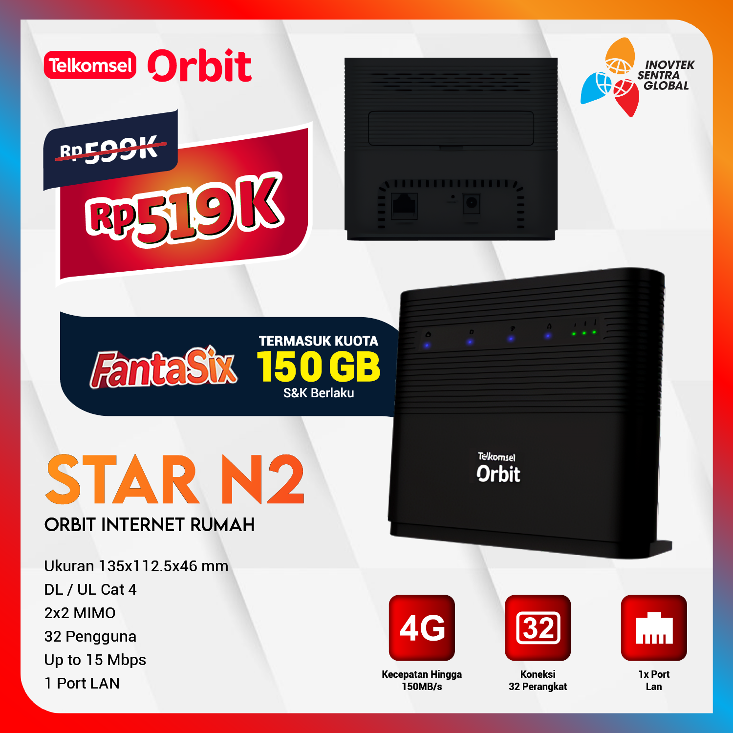 Telkomsel Orbit Star G1 Home Router Modem Wifi 4G Free Bonus Data