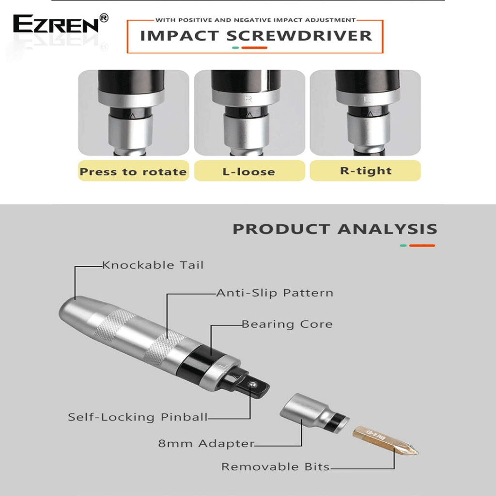 Ezren EZ-1068 Obeng Getok Putar Set Impact Driver S2 Drill Bit 13pcs