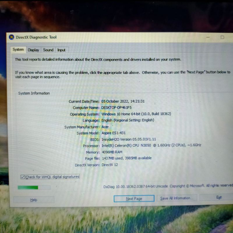 Laptop Acer Aspire ES1-431 Intel Celeron N3350 Windows 10 Layar 14inch Ram 4GB/HDD 500GB