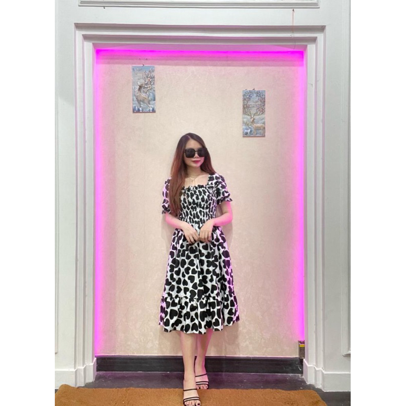 RD FASHION - SMOCKED DRESS / Gaun musim panas kasual baru Lengan pendek smocked dress lipit bunga dengan dasi belakang / gaun kasual A-line gaun smocked berlipat bunga lengan pendek-LOVE