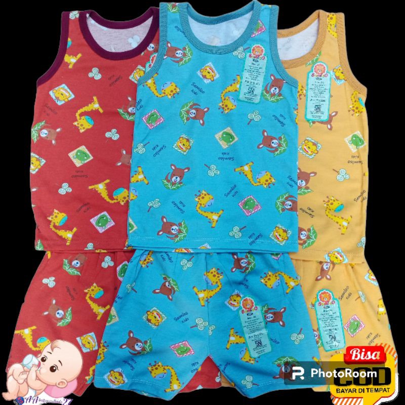 SAMLEO 3Padang Setelan Kaos Bayi Lengan Kutung Polos dan Motif Print Dasar Warna Ukuran M L XL SNI Nyaman Murah Berkualitas