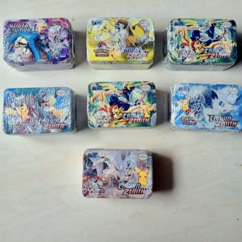 1 pak isi 40 kartu pokemon 1 kartu hologram kemasan kaleng pokemon in USA.inc crown zenith