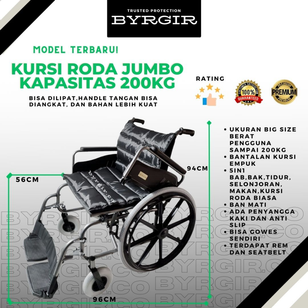 BYRGIR Kursi Roda Lipat Wheelchair Ukuran Big Size Jumbo Besar Travel Traveling Portable Comfort Kokoh Dan Kuat Nyaman Praktis Berat Pengguna Hingga -200KG