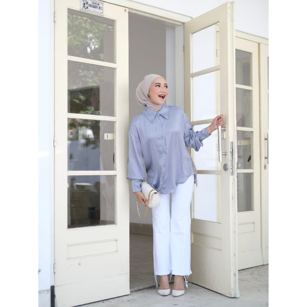 Kemeja Shimmer Polos Atasan Wanita Dewasa Casual Bahan Santorini Silk Premium Size L XL Jumbo / Pakaian Wanita Atasan Busui Simpel Mewah Terbaru