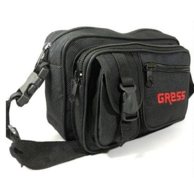 Tas selempang pria merk Gress/tas hitam polos kain nilon ukuran standar/tas saku/tas usaha