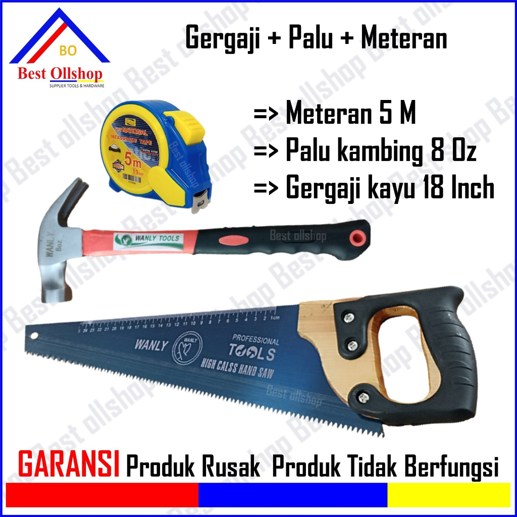 1 Paket Meteran Auto Stop 5 Meter Palu Kambing Gerigi Magnet Gagang Fiber 8 Oz Gergaji Kayu Gagang Kayu Lapis Karet