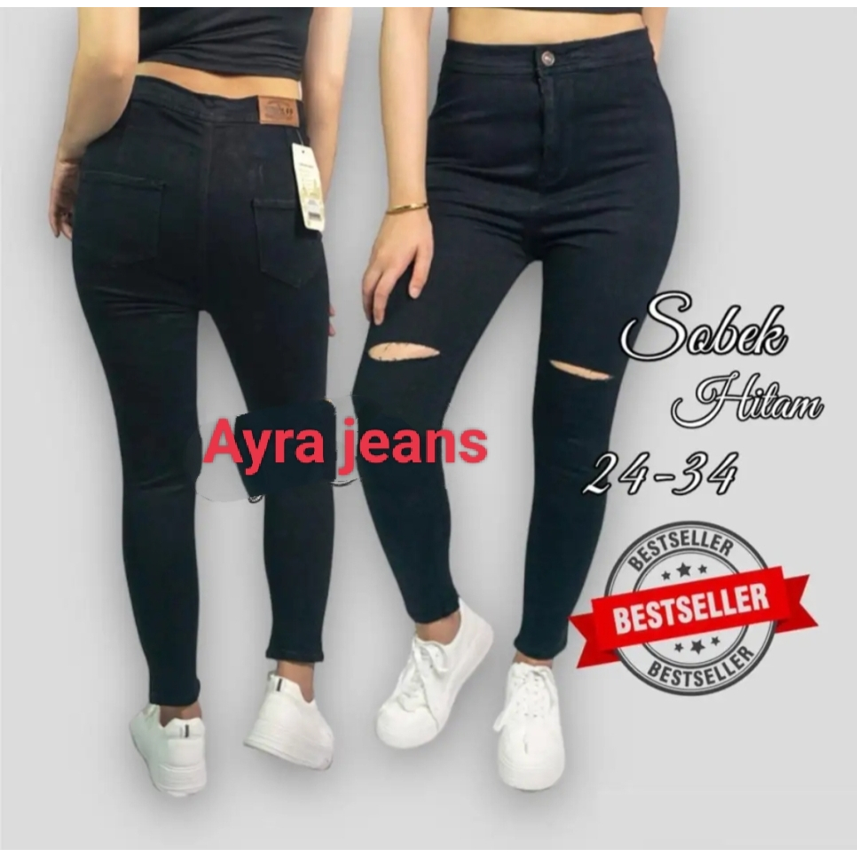 Celana jeans wanita Sobek lutut-Celana jeans wanita terbaru-celana jeans-celana Hw wanita-celana hight waist-Bisa COD-celana terbaru jeans wanita