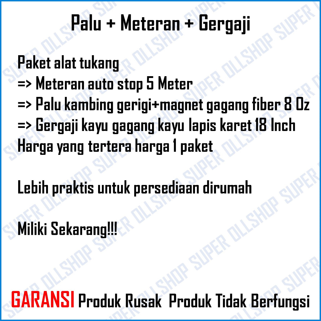 Paket Alat Tukang Palu Kambing Gerigi Magnet Fiber 8 Oz Gergaji Kayu Termurah Meteran Auto Stop 5 Meter