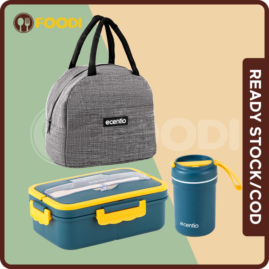 ecentio &amp; FOODI tempat makan anak set 2/3 pcs/kotak bekal set 3 sekat 1000ml/1500ml/termos air panas mini/tas bekal makanan alumunium foil lunch bag/BPA FREE/free sendok&amp;sumpit