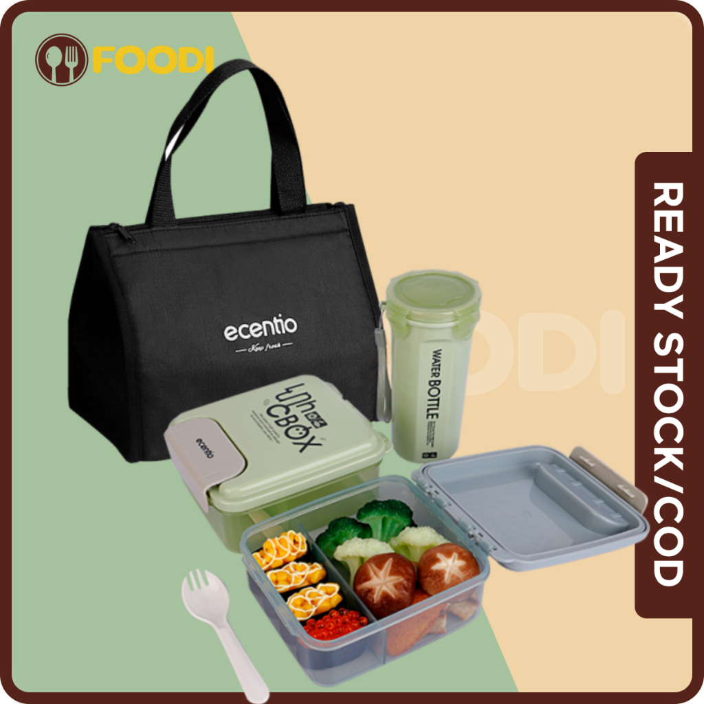 FOODI lunch box anak set anti tumpah 3 pcs 1000ml botol minum 500ml tas bekal makanan/Tempat makan anak set 2 grid/botol minum anak/tas bekal makanan/Free Sendok/BPA free