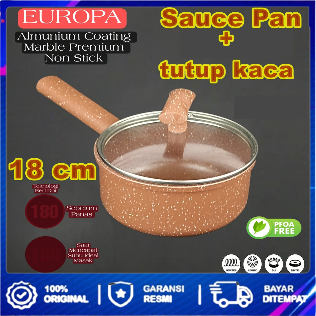 EUROPA Red Dot Panci Susu Anti Lengket Tutup Kaca Coating Marble Bisa Kompor Induksi Ukuran / Panci 