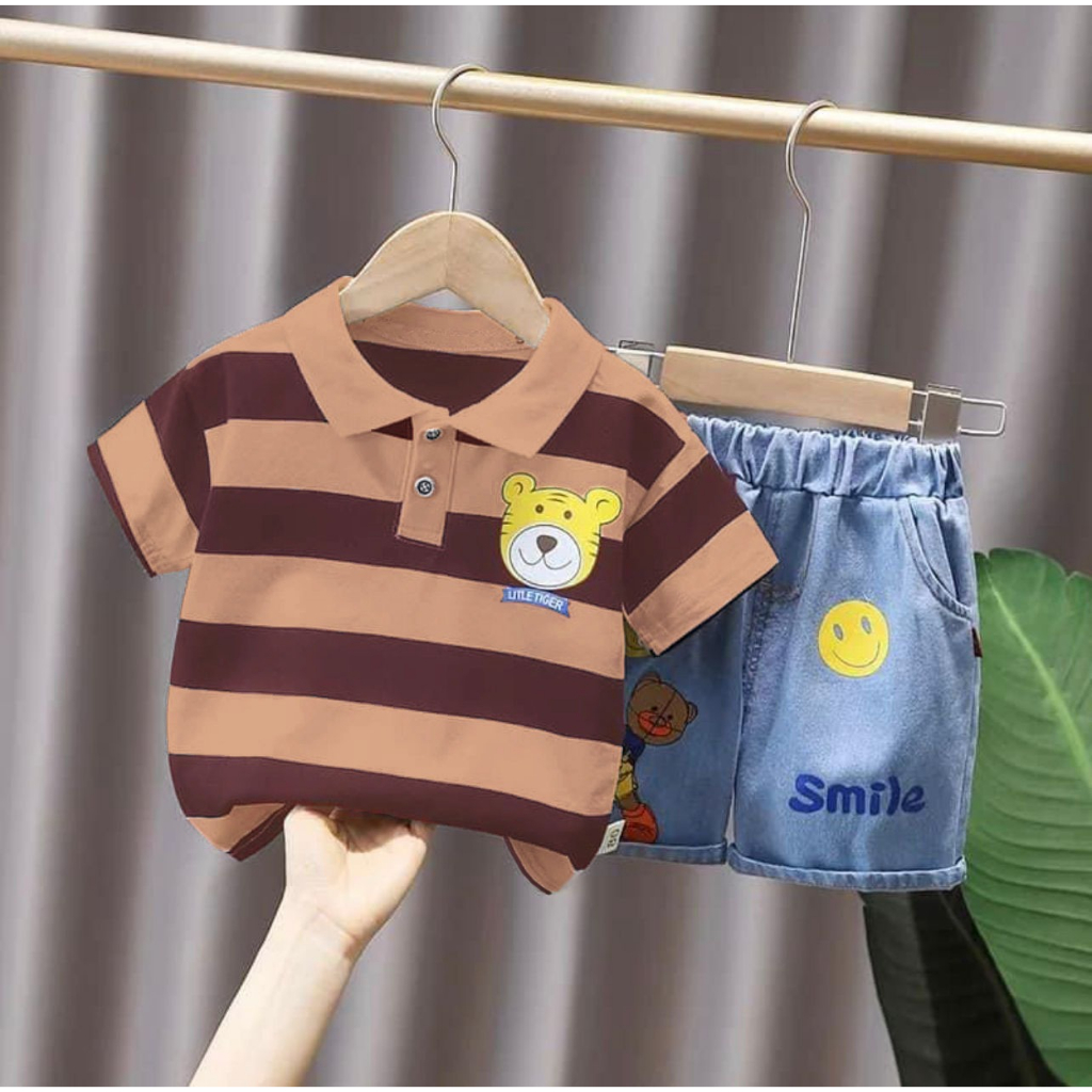 PROMO-SETELAN ANAK LAKI LAKI PEREMPUAN UMUR 1-5 TAHUN MOTIF TIGER SALUR SETELAN BAJU KERAH ANAK POLO CELANA PENDEK BAHAN DENIM TERBARU FASHION ANAK TERBARU