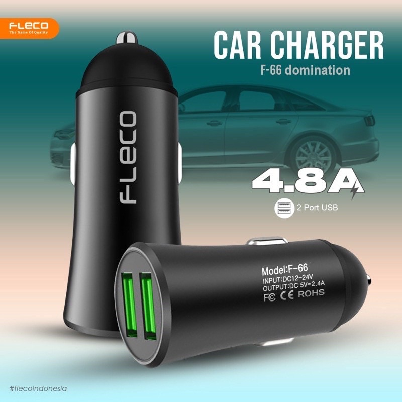 Car Charger mobil saver Fleco F66 domination 2 usb output 4.8A Terlaris SMOL