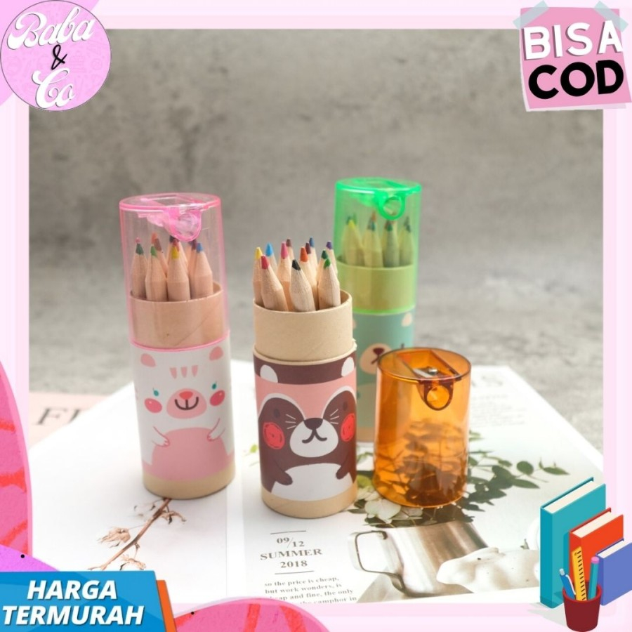 PENSIL WARNA TABUNG CUTE ANIMAL 1 SET ISI 12 PCS PLUS RAUTAN LUCU IMUT