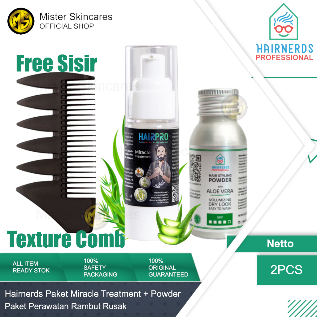 Hairnerds Professional Paket Miracle Treatment &amp; Hair Styling Powder Free Sisir