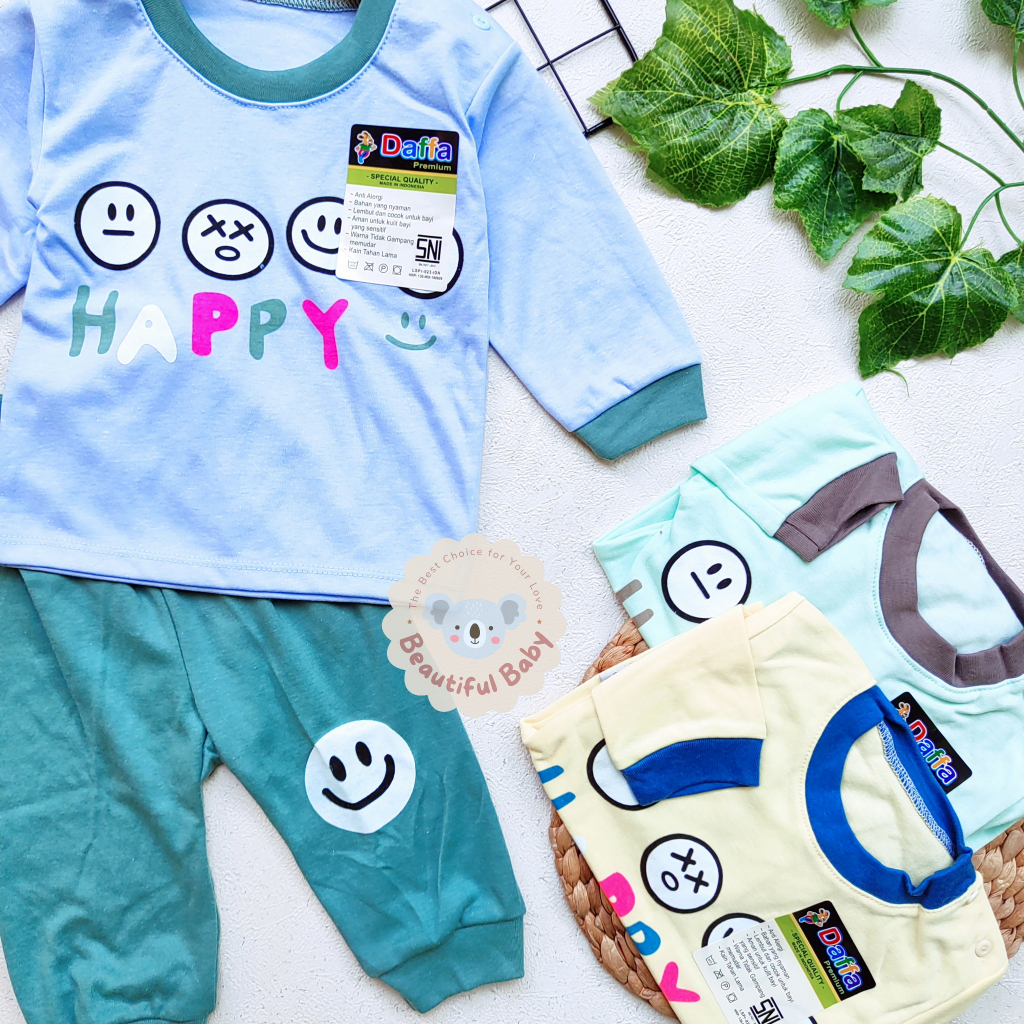 PREMIUM Setelan Piyama Baju Bayi Panjang Usia 3-18 Bln Motif Happy Smile / Baju Tidur Bayi Panjang Merk Daffa Baby / Baby.ou_