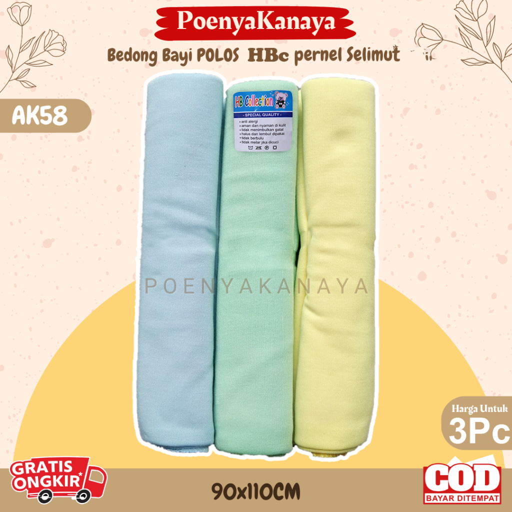 3pcs Bedong Bayi POLOS HBc pernel Selimut SNI 90X110CM AK58