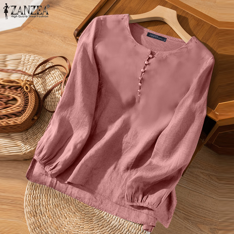 ZANZEA Women Casual Solid Round Neck Long Sleeve Side Slit Loose Half Buttons Shirt