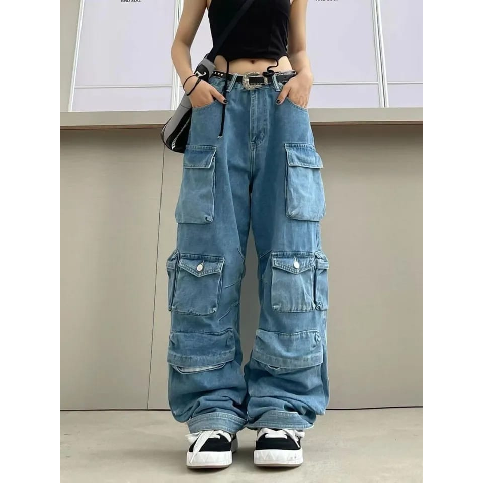 4empat-cargo pants jeans double pocket high waist