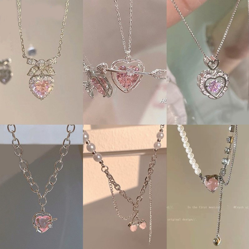Y2k Manis Merah Muda Zirkon Liontin Kalung Untuk Wanita Hati Perak Rantai Kalung Aksesoris Choker Perhiasan-Won