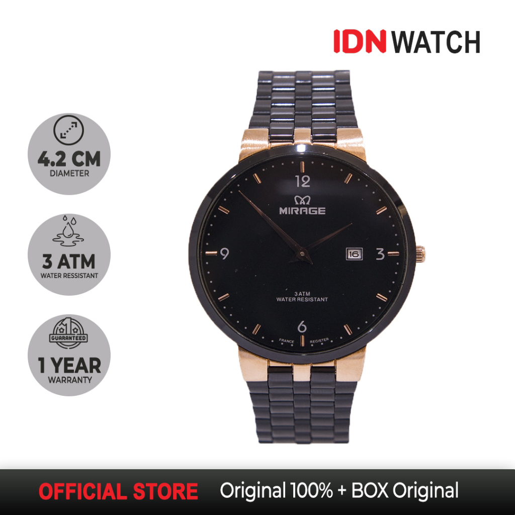 Jam Tangan Mirage Pria Tipis 2 Jarum Mewah 8696 M Anti AirBlackRosegold Original