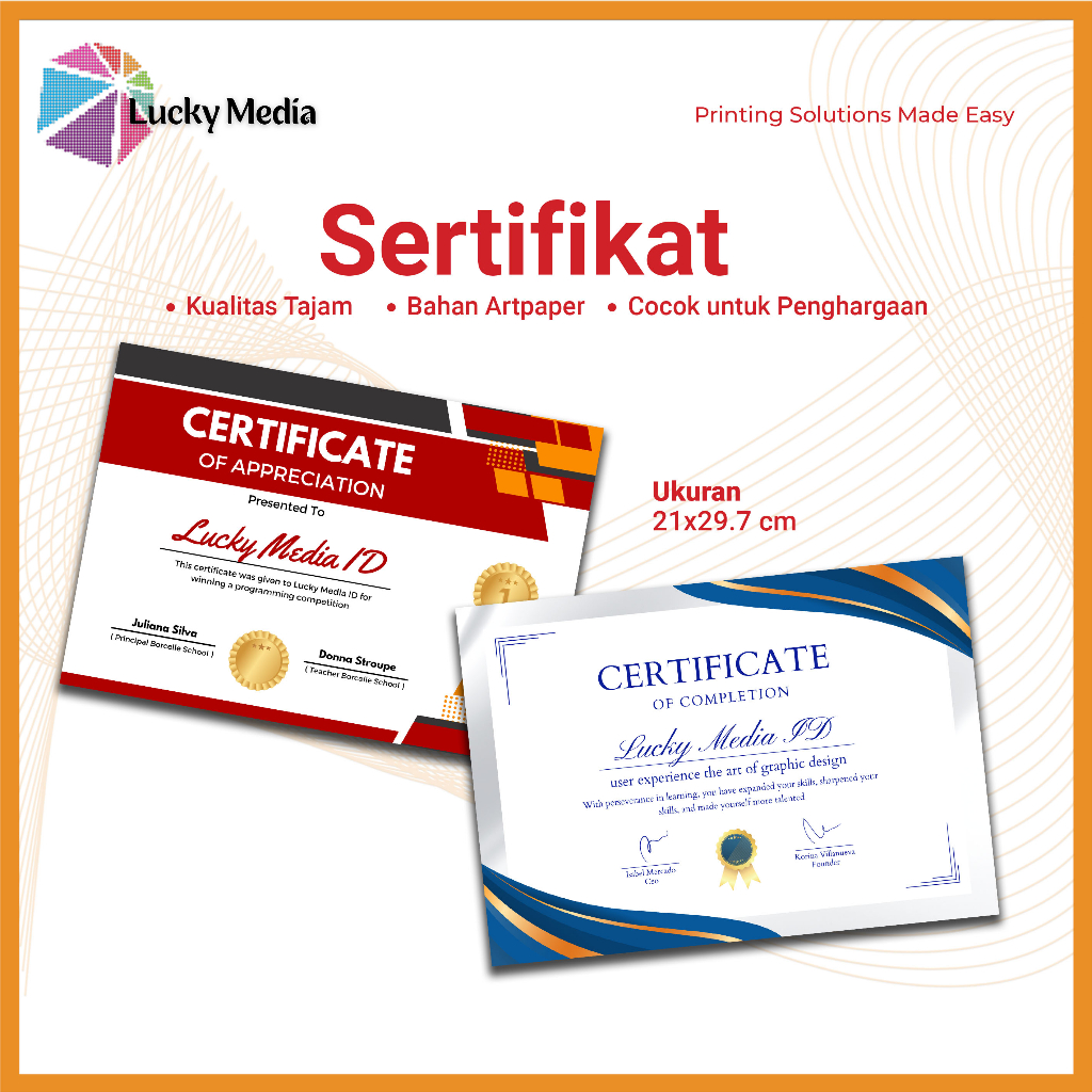 

Sertifikat Piagam Penghargaan Cetak Custom A4 Elegan Murah Berkualitas Menu Makanan