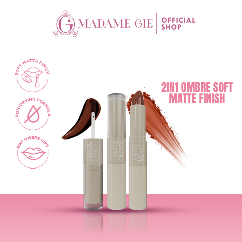 MADAME GIE Charmseeker Indonesia / Lipstick &amp; Lipcream 7g / Soft Matte Finish / Non Drying Formula / 2 In 1 Ombre Lips /Intense Color / Long Lasting 12H / Shade 01 Cheeky 02 Sassy 03 Baddie / Lipstik Lip Stick Cream / Cosmetic Makeup Lip Make Up Series