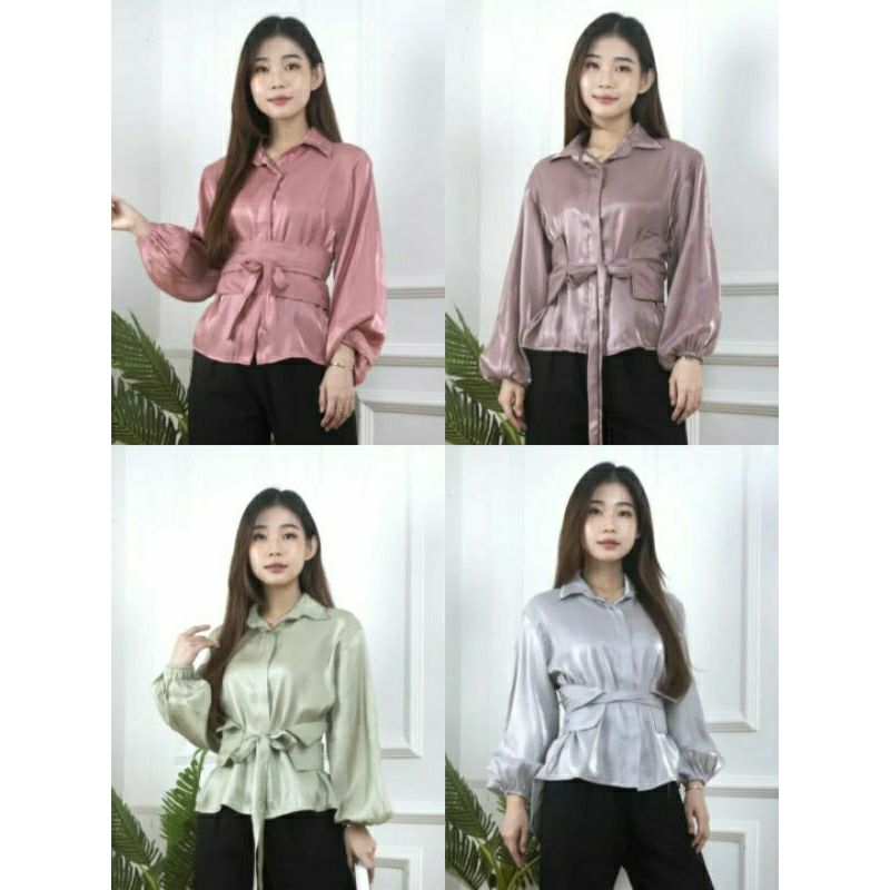 DB - KEMEJA WANITA SHIMMER SANTORINI FREE OBI BELT Jasmine Shimmer Blouse || Blouse Lengan Balon / Kemeja Shimmer Wanita