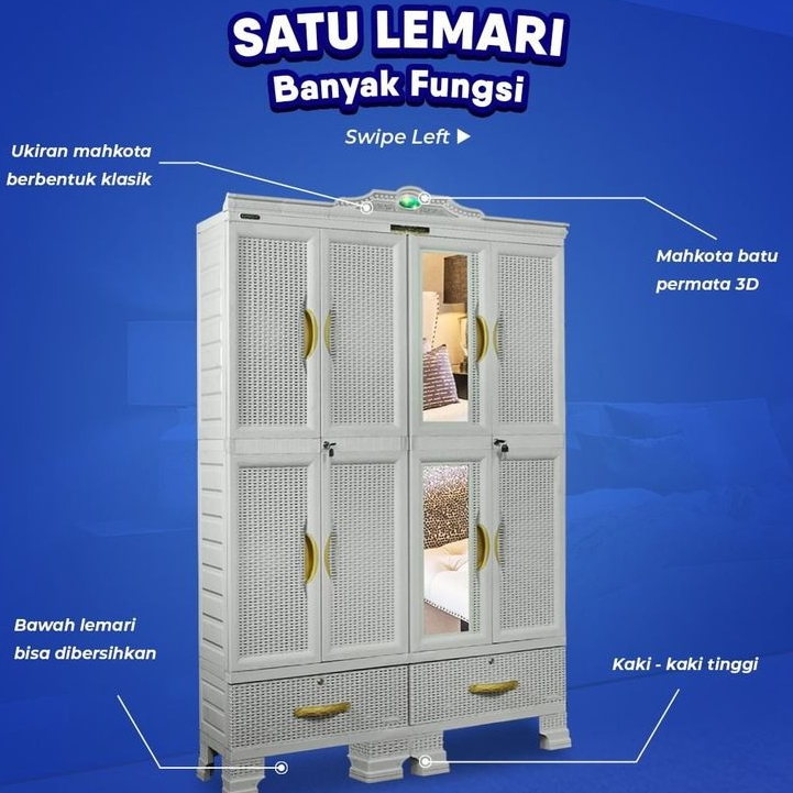 Lemari Pakaian Plastik Napolly Cabrota 466.22 DK / Lemari 4 Pintu + Kaca MAHKOTA ORI ANTI RAYAP