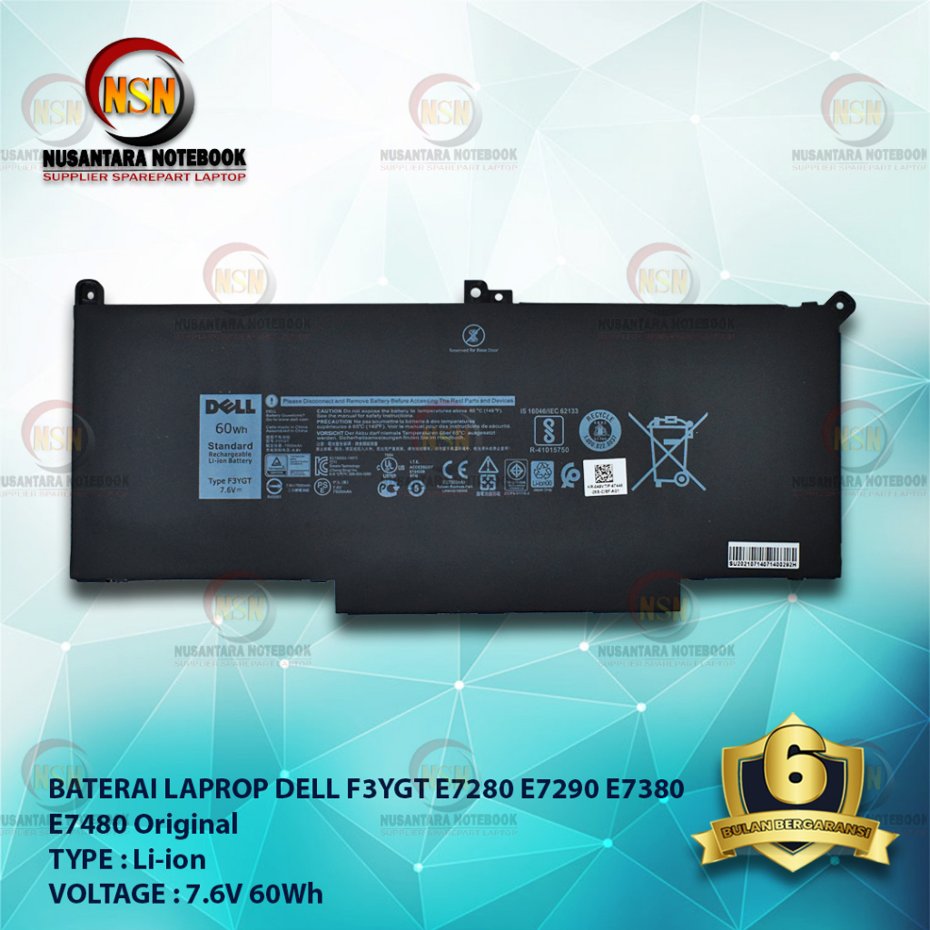 Baterai ORI Dell F3YGT For Dell E7280 E7290 E7380 E7480 E7590 7.6V 60Wh