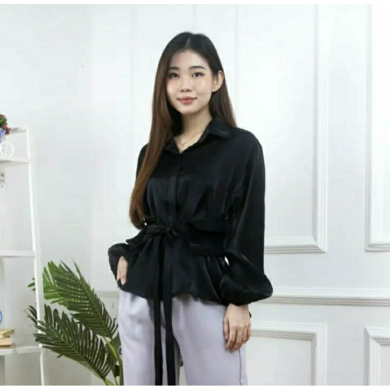 DS - KEMEJA WANITA SHIMMER SANTORINI FREE OBI BELT Jasmine Shimmer Blouse || Blouse Lengan Balon / Kemeja Shimmer Wanita