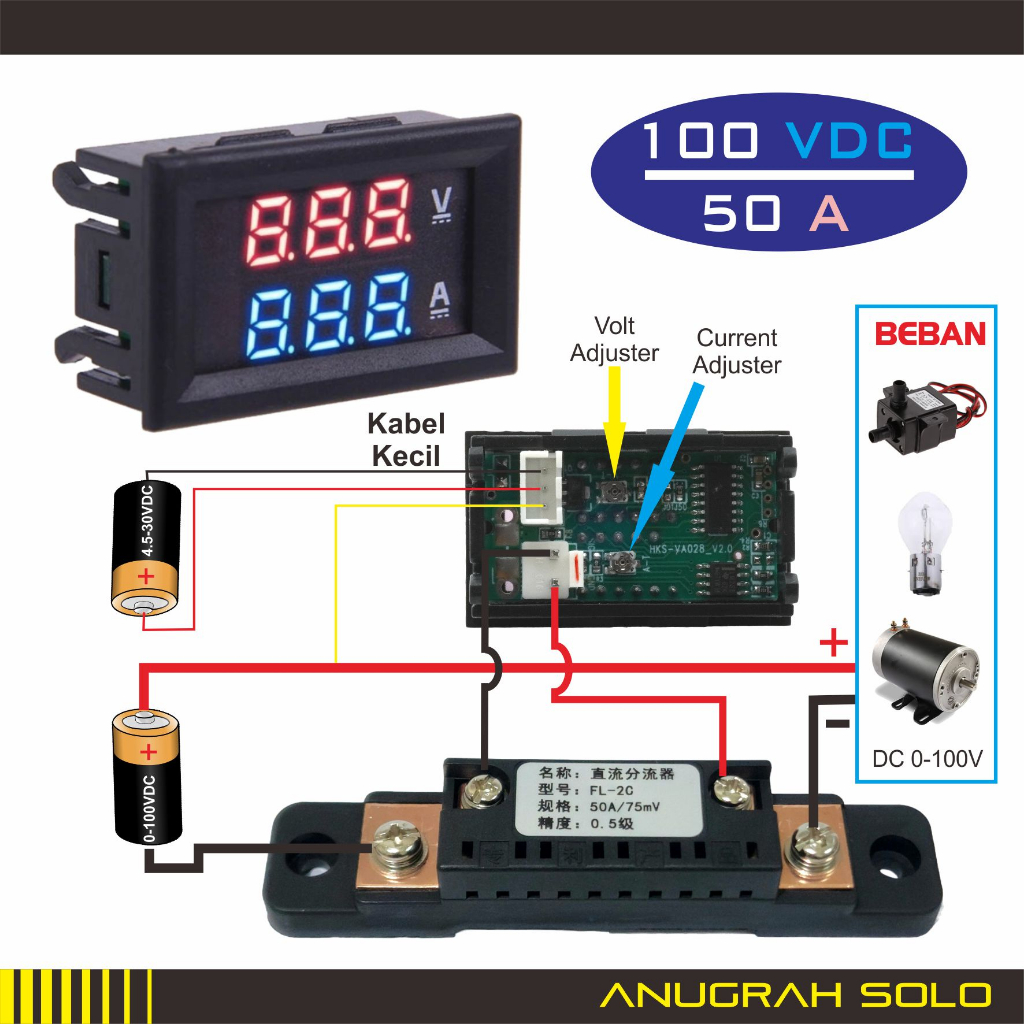 Combo DC Voltmeter Ampere Meter 100V 50A Voltampere Meter + Shunt