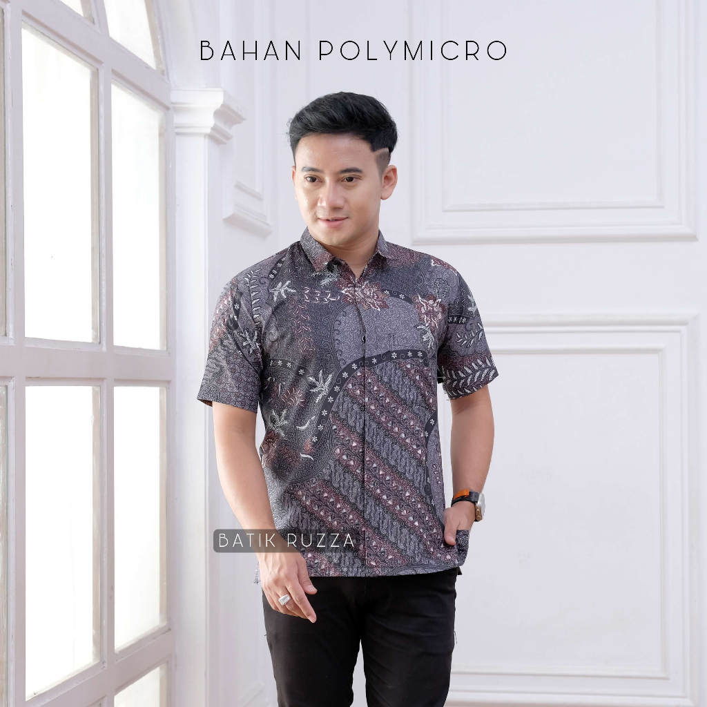 Kemeja Batik Pria Lengan Pendek Motif Modern Abu Sage Hitam Coklat Cowok Laki Dewasa Size M L XL XXL RUZZA