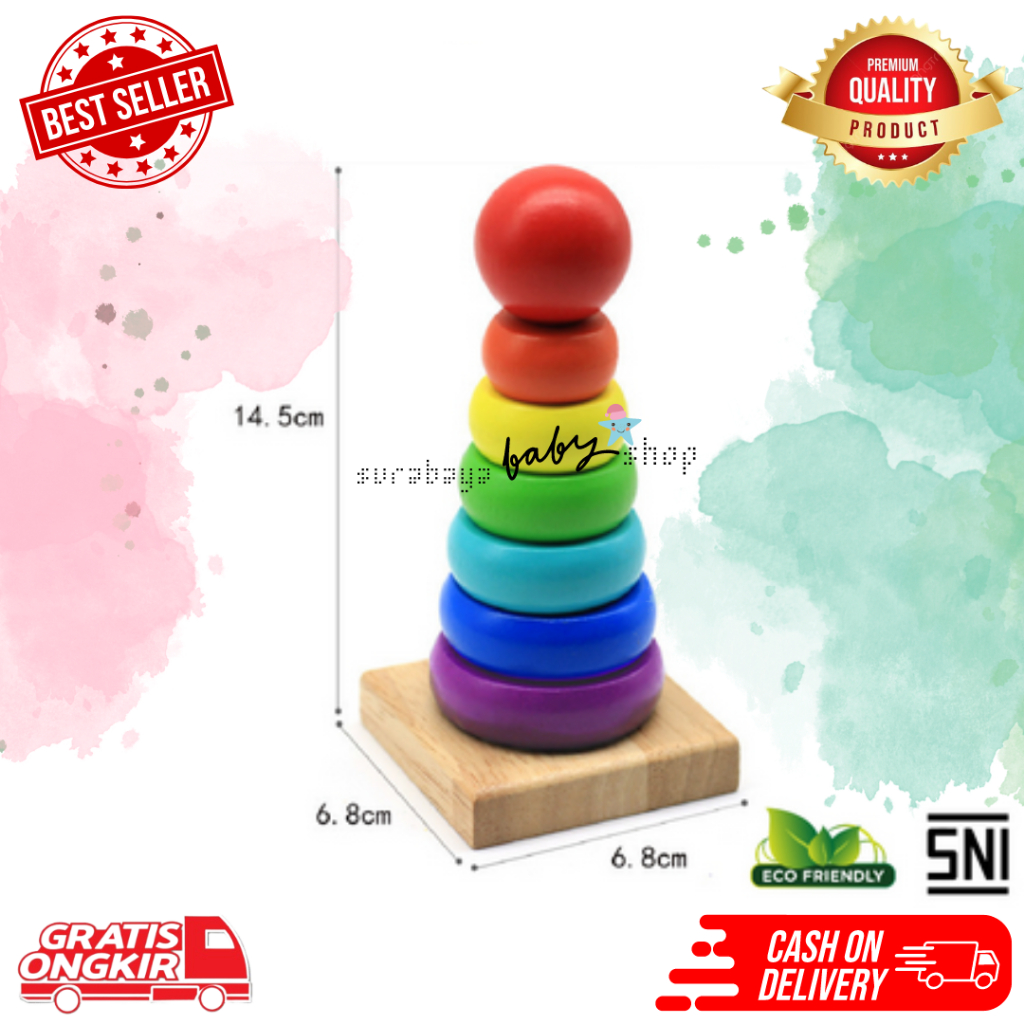 Rainbow Tower Mainan Edukasi Anak / Wooden Rainbow / Menara Donat Kayu / Menara Pelangi / Mainan Donat Susun / Menara Ring Donat-538203