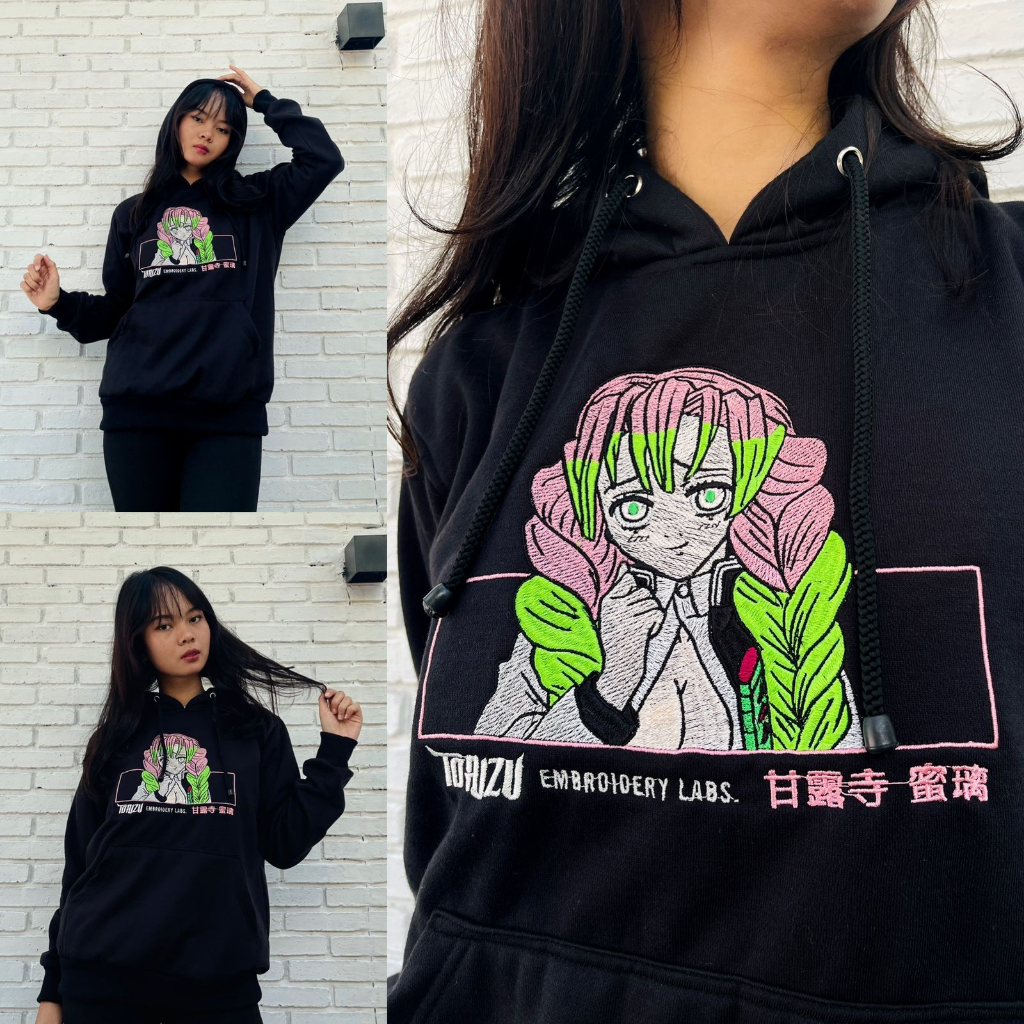 Torizu Hoodie Mitsuri Kanroji Embroidery Black Anime Manga Demon Slayer Premium Unisex