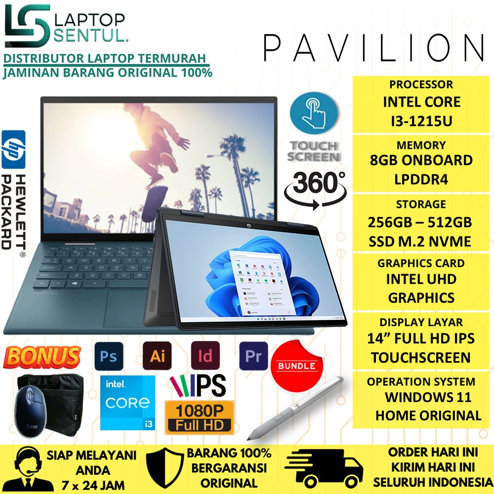 Laptop Slim HP Pavilion Plus 14 Intel i5 1240P RAM 8GB SSD 1TB 2K IPS Windows 11 Original Terlaris
