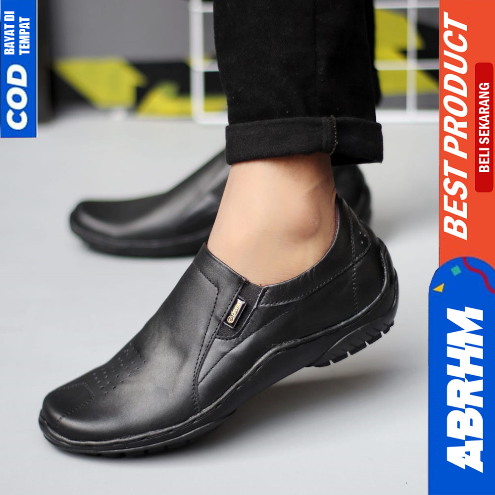 ABRHM Formal Slop Kulit Asli Pantofel Hitam Kerja Pria