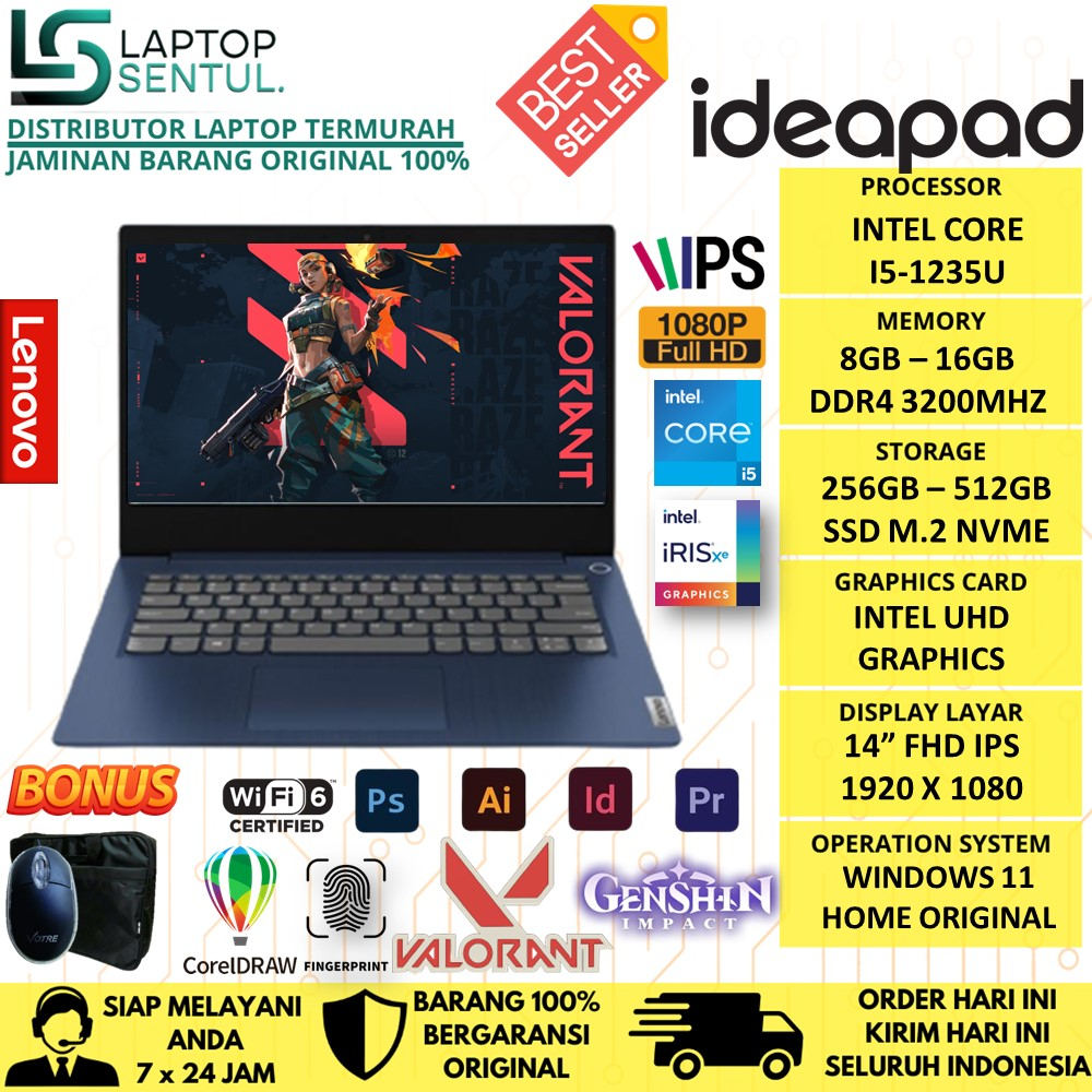 Laptop Lenovo Ideapad Slim 3i 15 Intel Core i5 1235U RAM 24GB SSD 1TB FHD IPS Touchscreen Windows 11 Original