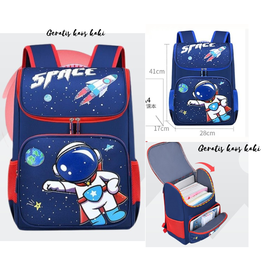 Tas sekolah anak laki laki astronot tas ransel untuk anak SD SMP FREE kaos kaki untuk tas