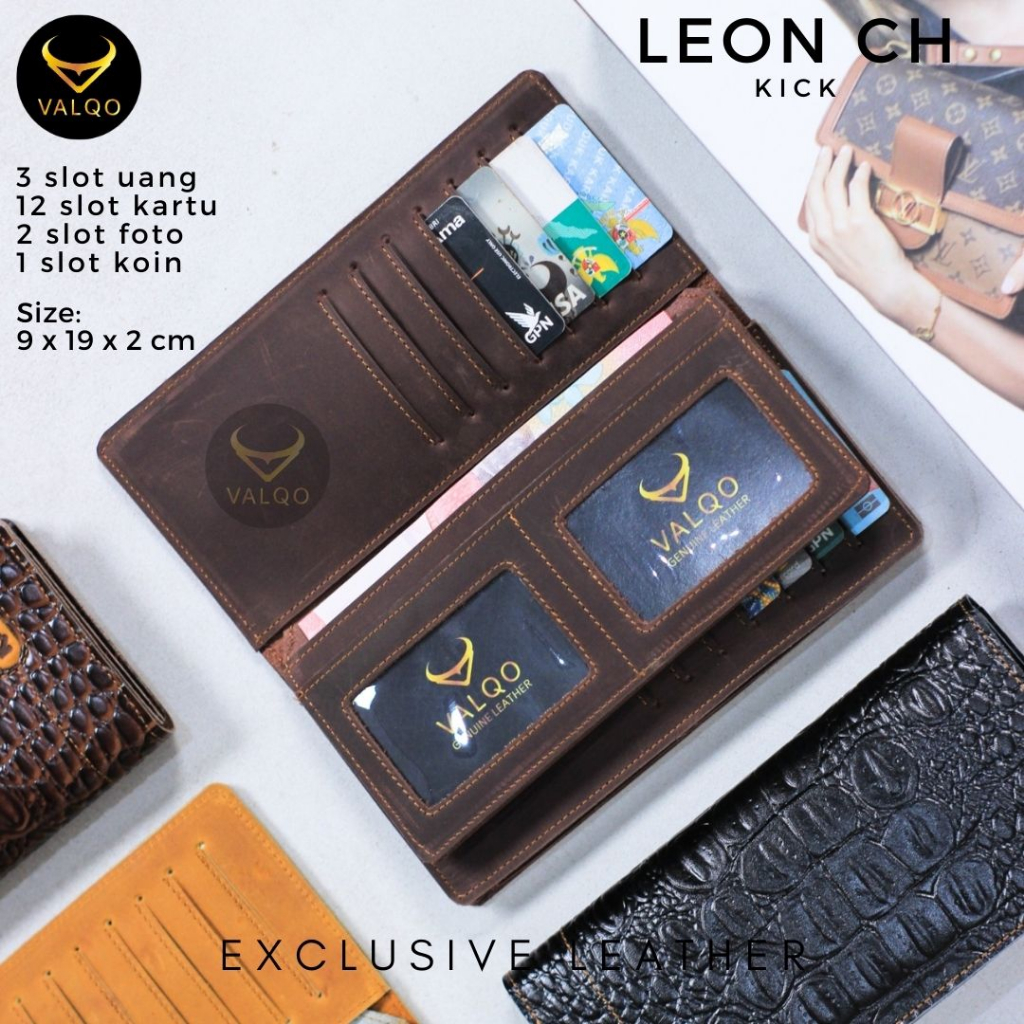 [VALQO] LEON CH Dompet Kulit Sapi Crazy Horse Pria Wanita 12 Kartu 2 Foto