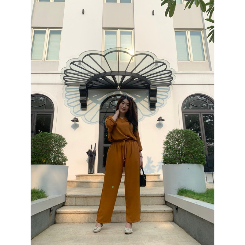 JOSHIN HANA SET V NECK - setelan v neck lengan 7/8 crinkle airflow