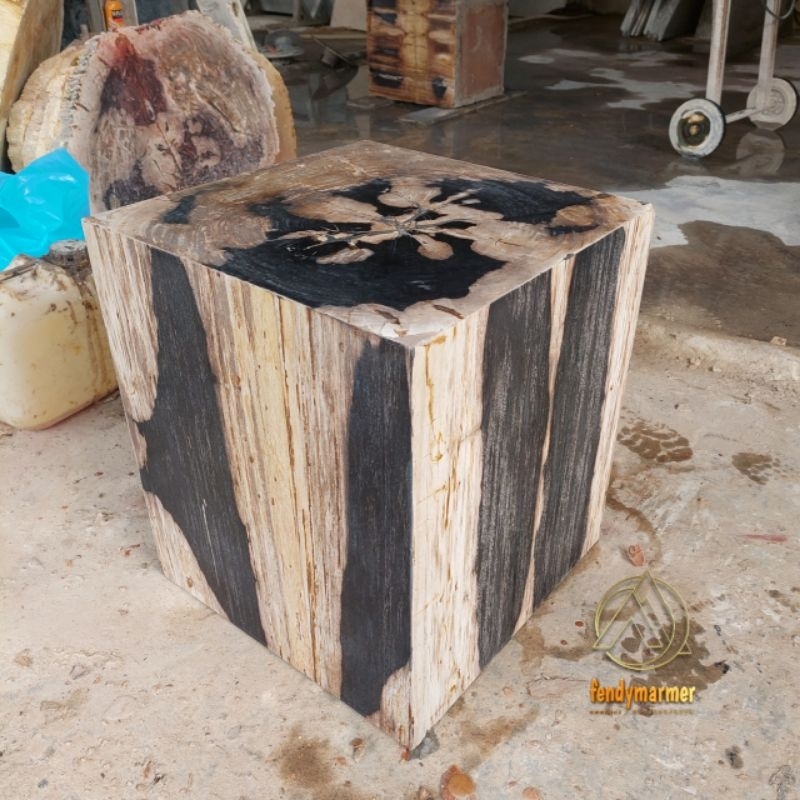 Kursi kotak kubus batu fossil kayu hitam coklat motif 40²x45