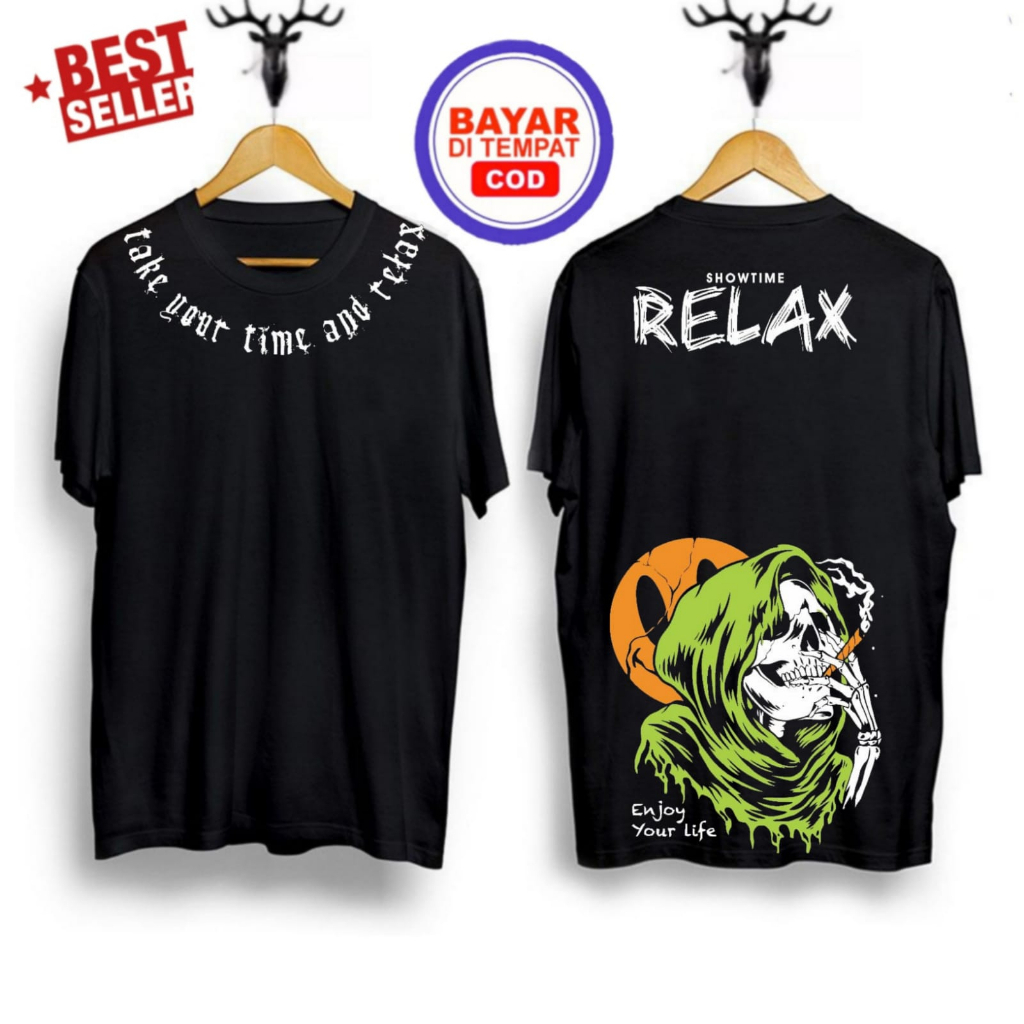baju kaos distro Tshirt motif tengkorak relax merokok hitam kaos distro pria keren 2023 baju kaos pr