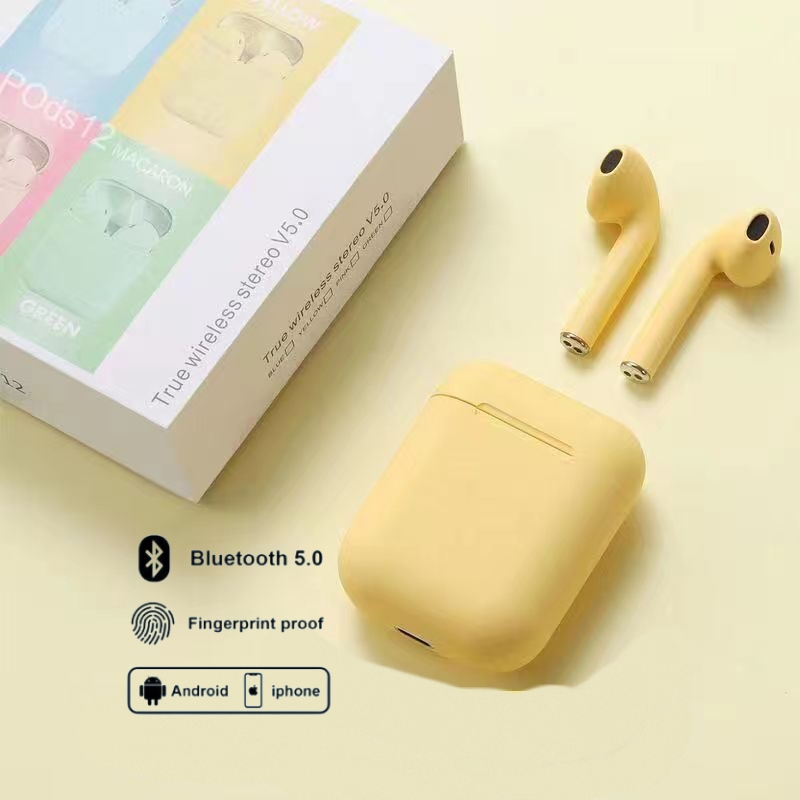 HEADSET BLUETOOTH INPODS WIRELESS i12 MACARON EARPHONE TWS BLUETOOTH 5.0 WARNA MACARON-Kuning
