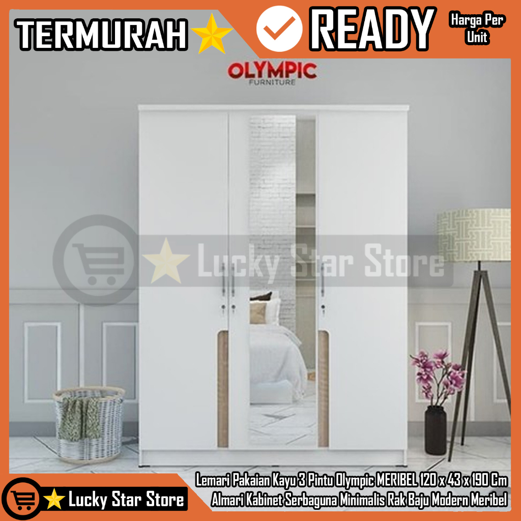 [Kargo] Lemari Pakaian Kayu 3 Pintu Olympic LITE MERIBEL Baju Wadrobe 120x43x190 cm Kabinet Serbagun