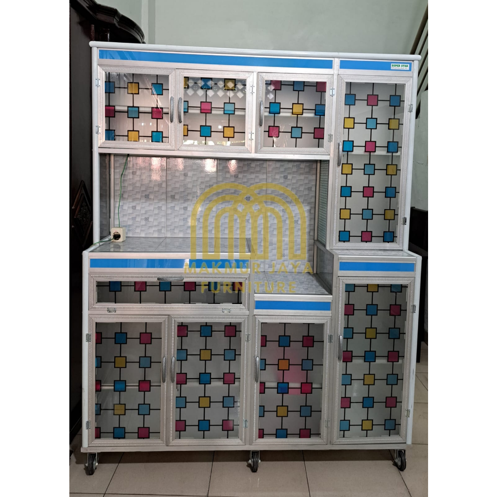 Makmur Jaya Furniture - Lemari Piring 4 Pintu Tempahan SS Roda Kaca Film