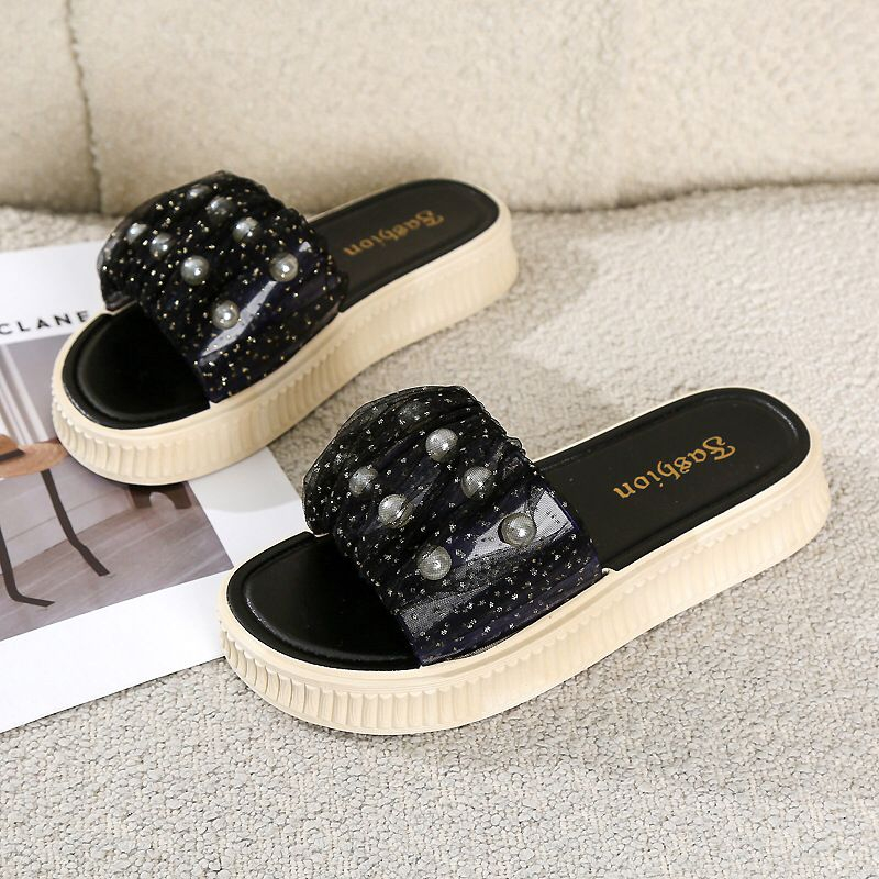 GROSIRTAS TG1756 Sandal Selop Wedges Wanita Import Korean Style Fashion Glitter Mutiara