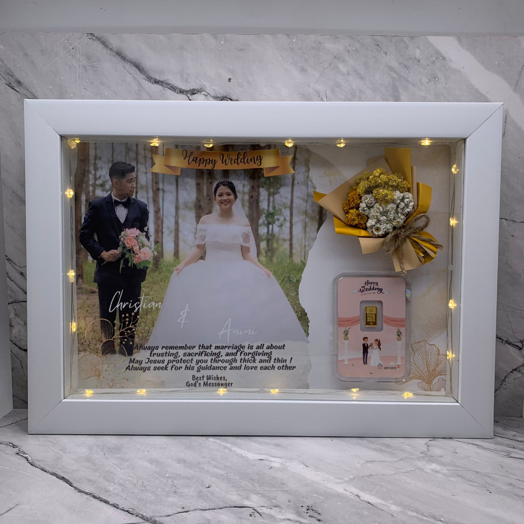 (UKURAN L 30x20) HAMPERS Gift CUSTOM Bingkai FRAME Mahar 3D Minigold  (TIDAK TERMASUK EMAS) / Hadiah / Kado Mahar variasi Minigold / Design Frame Birthday Wedding Newborn Baby Graduation