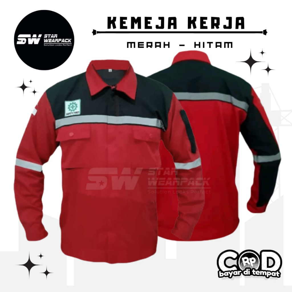 Star Wearpack - Kemeja Kerja Proyek Warna Merah Kombinasi Hitam Lengan Panjang