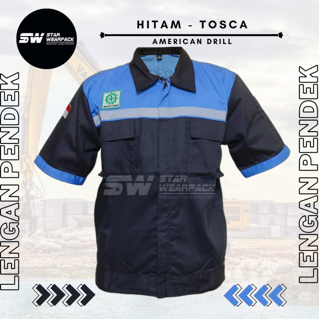 Star Wearpack - Baju Kerja Lapangan Warna Hitam Kombinasi Tosca Lengan Pendek